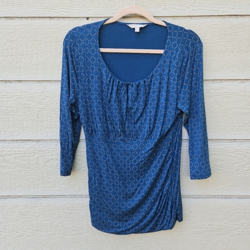 Banana Republic teal 3/4 sleeve keyhole top with gray pattern LP petite large